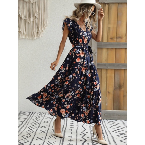 Floral Print Butterfly Sleeve Ruffle Hem Belted maxi Dress white pink - Picture 7 of 12